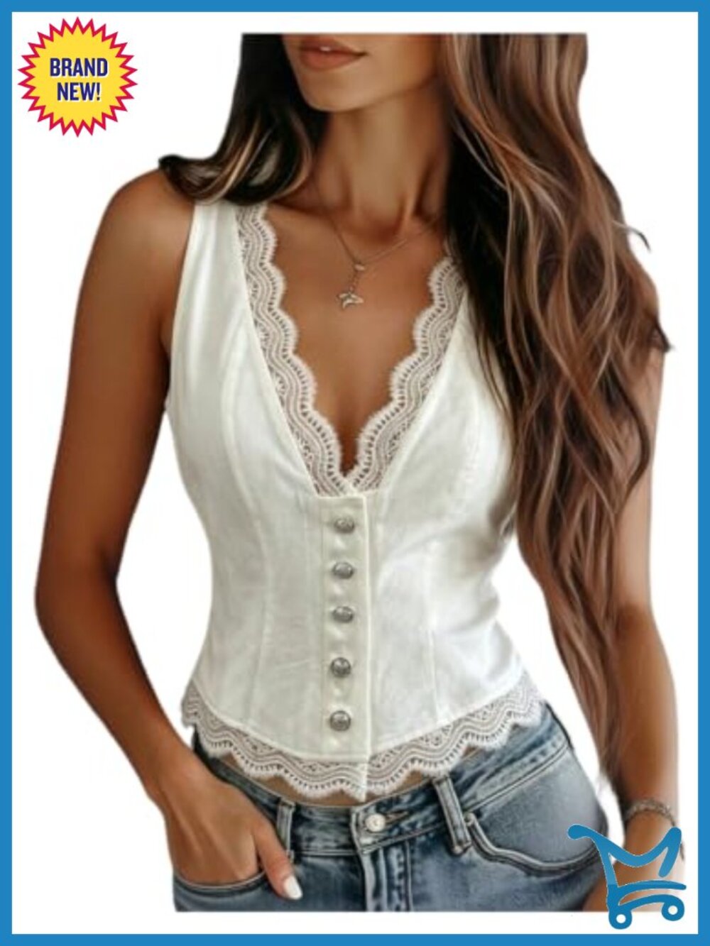 Elegant Lace Trim Button Down Sleeveless Deep V Neck Vest Top